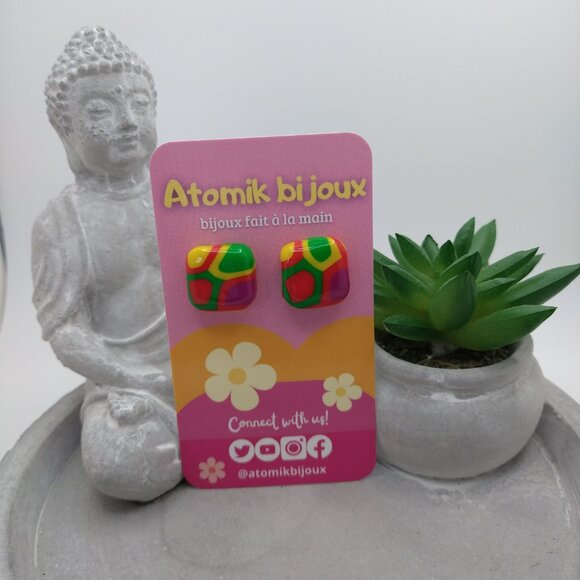 Handmade multi-color polymer clay earrings. Boucles d'oreilles fait à la main - Picture 2 of 7